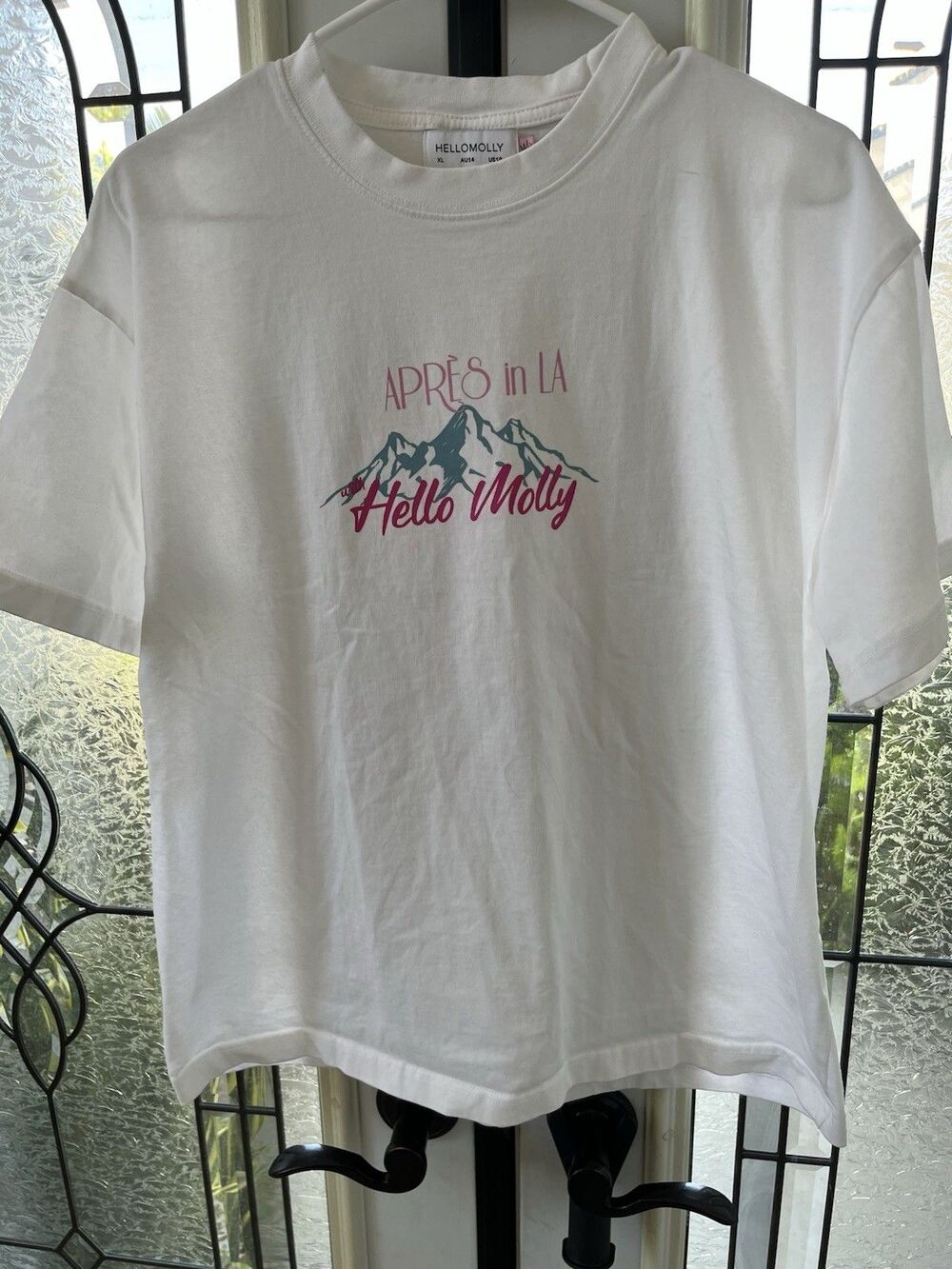Hello Molly Womens Graphic Print T-shirt XL White Pink “Apre8 in LA” Preppy